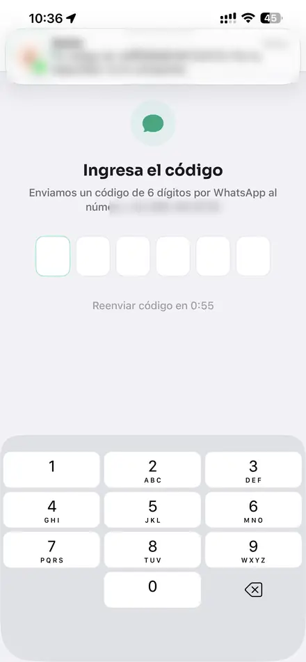 Pantalla para ingresar el código de seis dígitos
