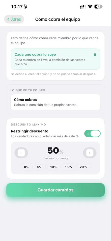 Cómo cobra el equipo con descuento máximo restringido al 50%