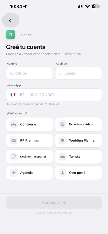 Formulario de registro con la lista de roles disponibles