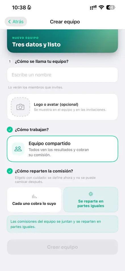 Crear equipo con reparto Se reparte en partes iguales