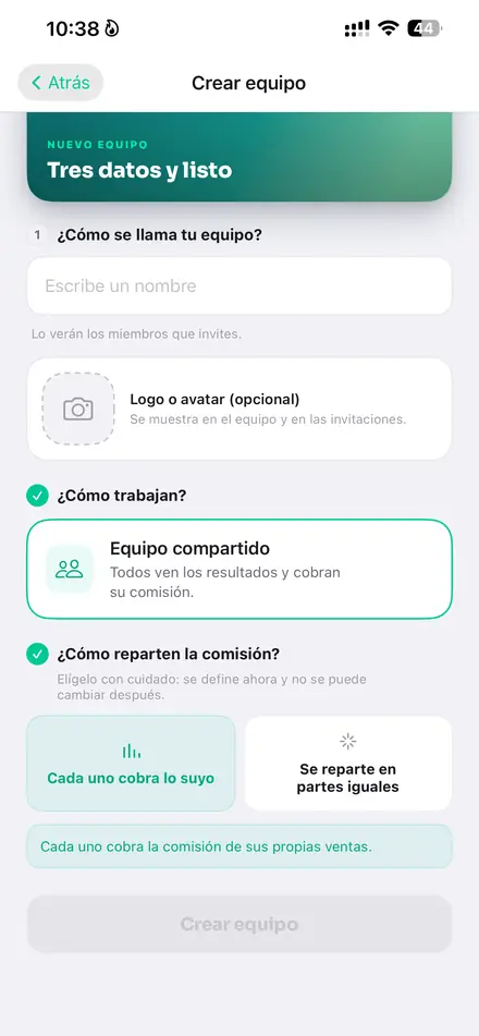 Pantalla de crear equipo con las opciones de reparto