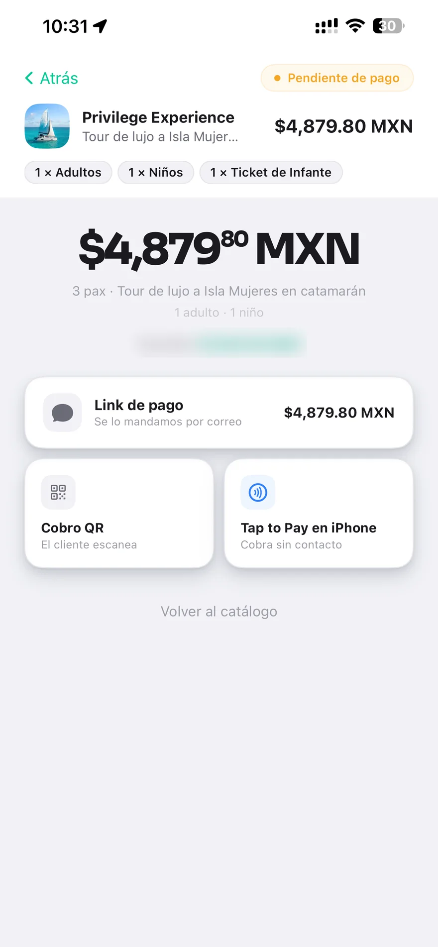 Pantalla de cobro en Rezer Partners con las opciones de link de pago, código QR y pago sin contacto