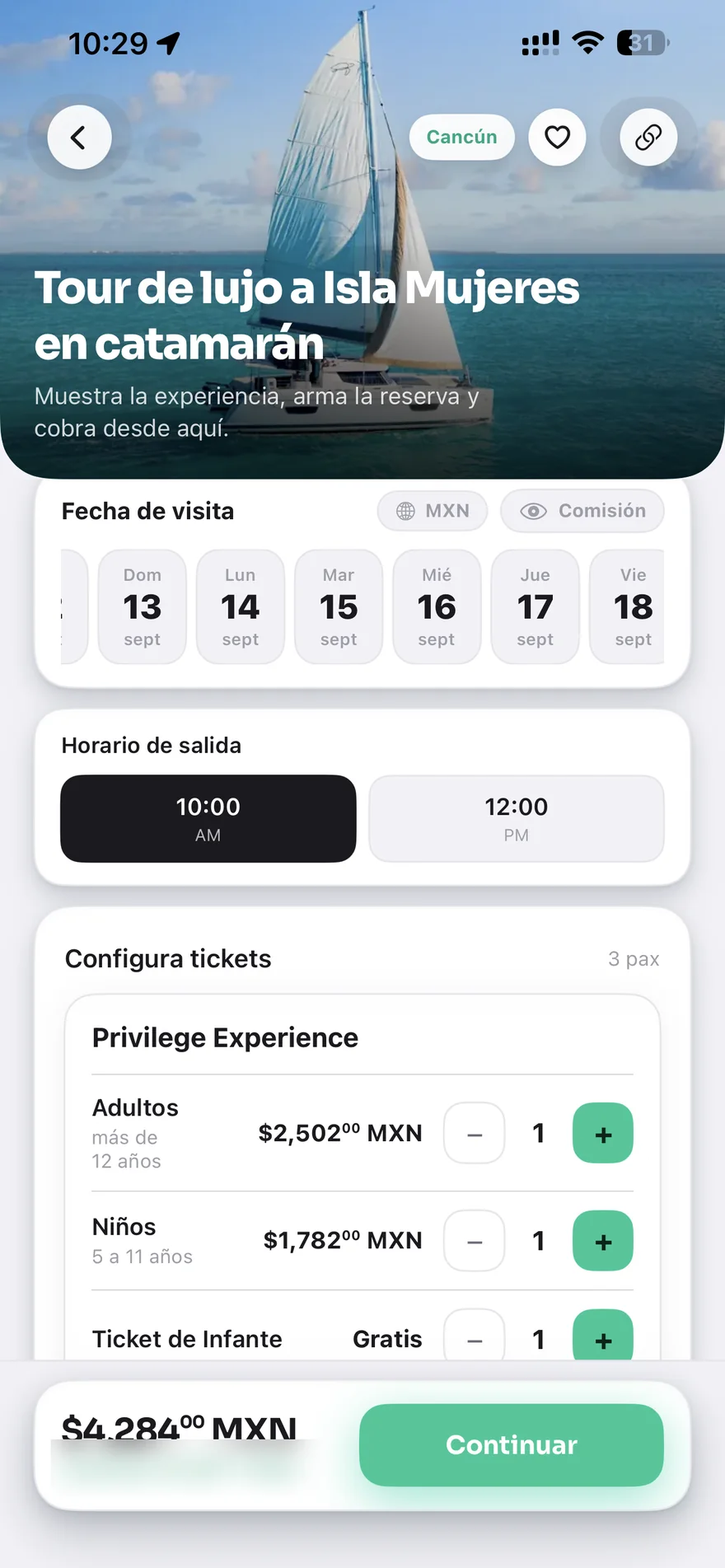 Pantalla de boletos en Rezer Partners: adultos, menores y fecha de la salida en catamarán