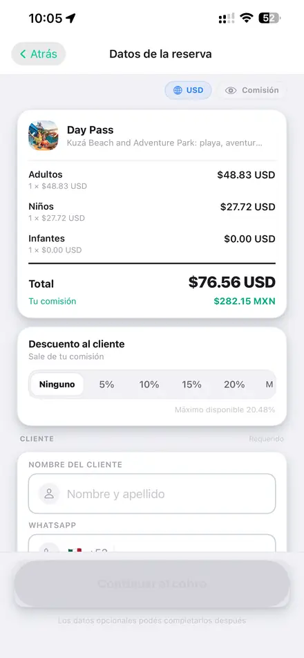 Resumen de la reserva con total $76.56 USD y comisión $282.15 MXN, selector de descuento en Ninguno