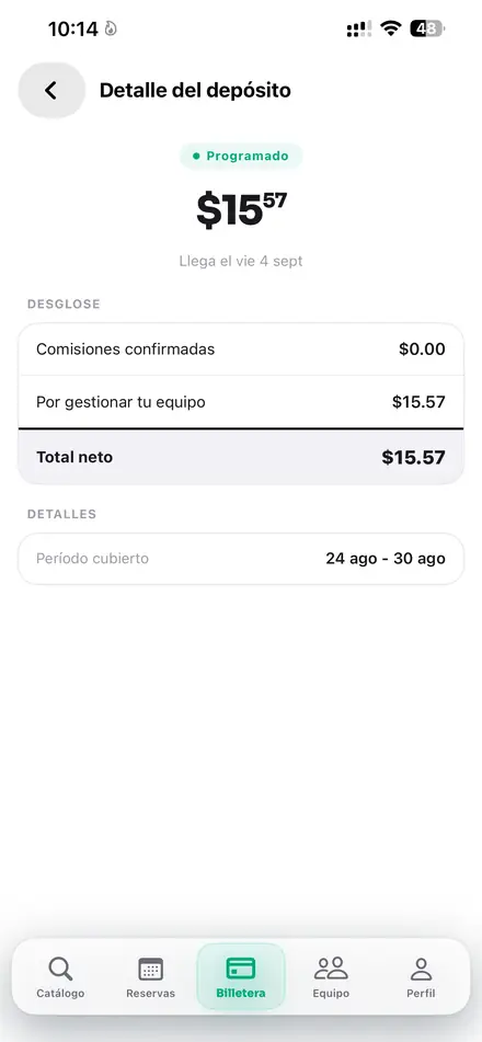 Detalle del depósito con comisiones confirmadas y bono por gestionar el equipo