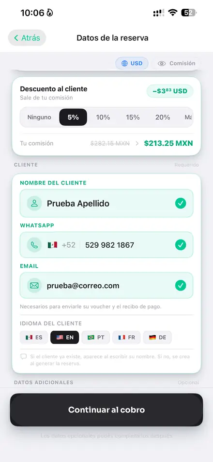 Descuento al cliente aplicado y datos del huésped