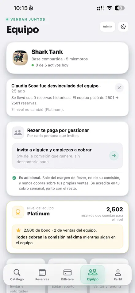 Equipo Shark Tank, nivel Platinum con 2,502 reservas
