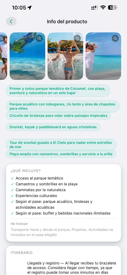 Info del producto con fotos, highlights, qué incluye e itinerario
