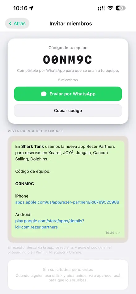 Invitar miembros con código de equipo