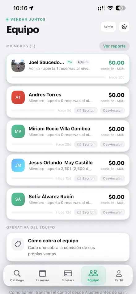 Lista de miembros del equipo con su comisión