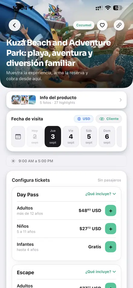 Ficha de la experiencia con los botones USD y Cliente