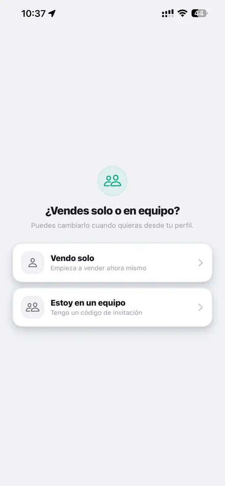 Pregunta ¿Vendes solo o en equipo? con dos opciones
