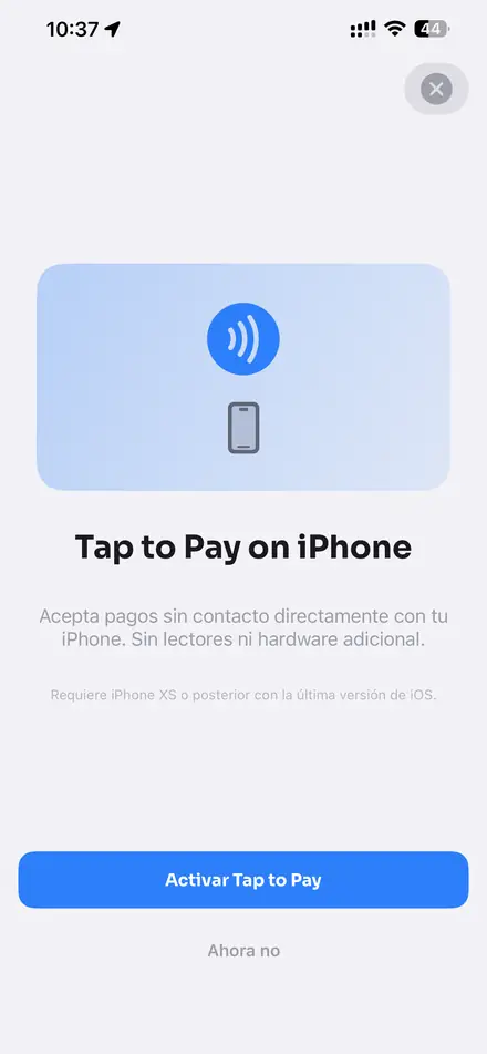 Pantalla Tap to Pay on iPhone con botón Activar