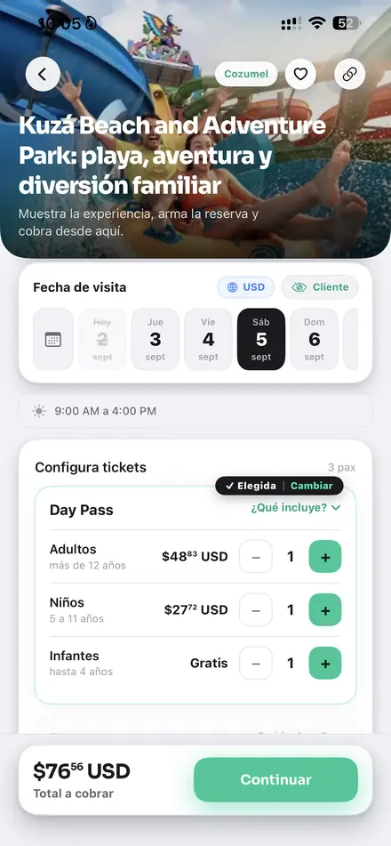 Calendario con sábado 5 seleccionado y tickets configurados: 1 adulto, 1 niño, 1 infante