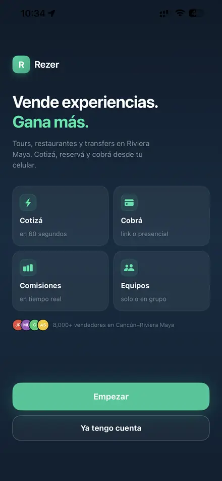 Pantalla de bienvenida de la app Rezer Partners